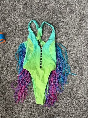 Neon Green Ombre One-Piece Swimsuit with Multicolor Fringe
